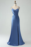 Grey Blue Mermaid Spaghetti Straps Long Satin Bridesmaid Dress with Slit