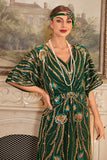 Sparkly Dark Green Flowers Sequins Long 1920s Dress with Accessories Set