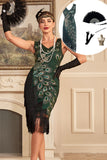 Sparkly Dark Green Fringed Beaded 1920s Dress with Accessories Set