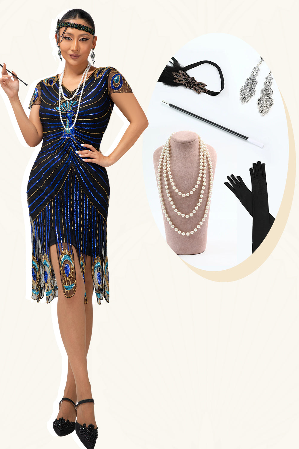 Black Golden Fringe Sequins 1920s Dress with 5-Piece Accessories Set