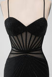 Black Bodycon Spaghetti Straps Corset Homecoming Dress with Beading