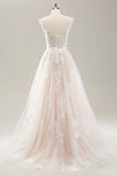 White A Line Off the Shoulder Tulle Wedding Dress with Applique Lace