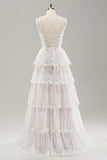 White A Line Spaghetti Straps Tiered Lace Wedding Dress with Lace Up Back