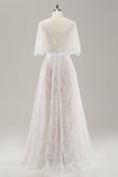 White A Line Sweetheart Lace Long Wedding Dress with Short Sleeves
