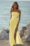 Strapless White A Line Pleated Beach Dress with Slit