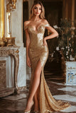 Sparkly Golden Mermaid Off The Shoulder Prom Dress With Slit