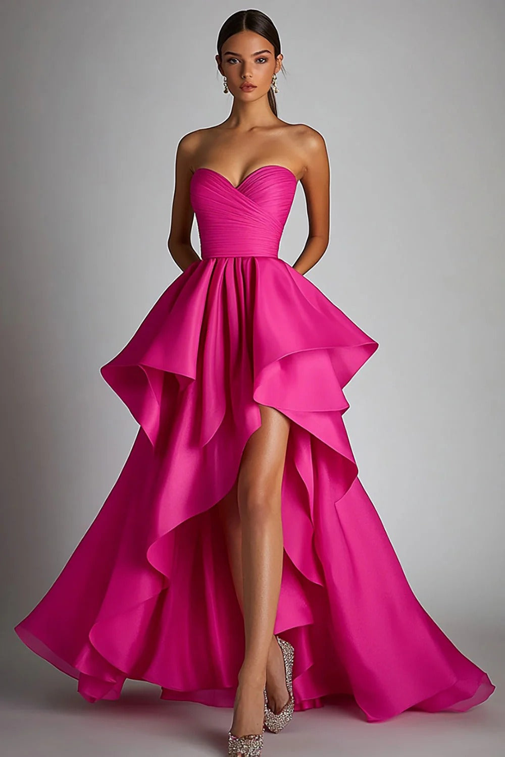 Sweetheart Fuchsia A Line Ruffle High Low Formal Dress