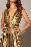 Golden Metallic A Line Pleated Formal Dress