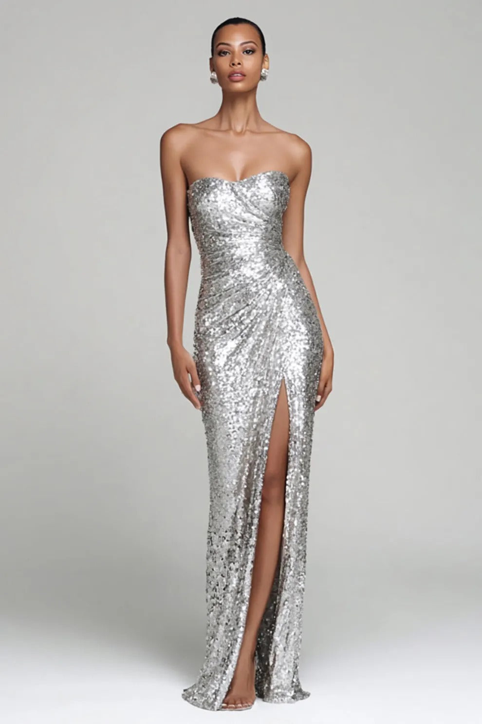 Sparkly Silver Strapless Sheath Holiday Party Dress With Slit