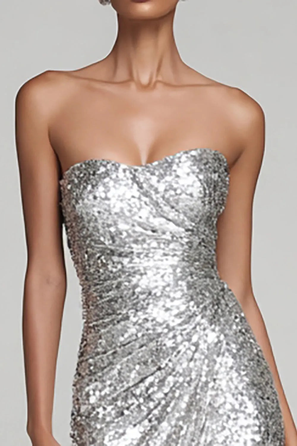 Sparkly Silver Strapless Sheath Holiday Party Dress With Slit
