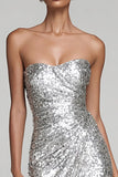 Sparkly Silver Strapless Sheath Holiday Party Dress With Slit