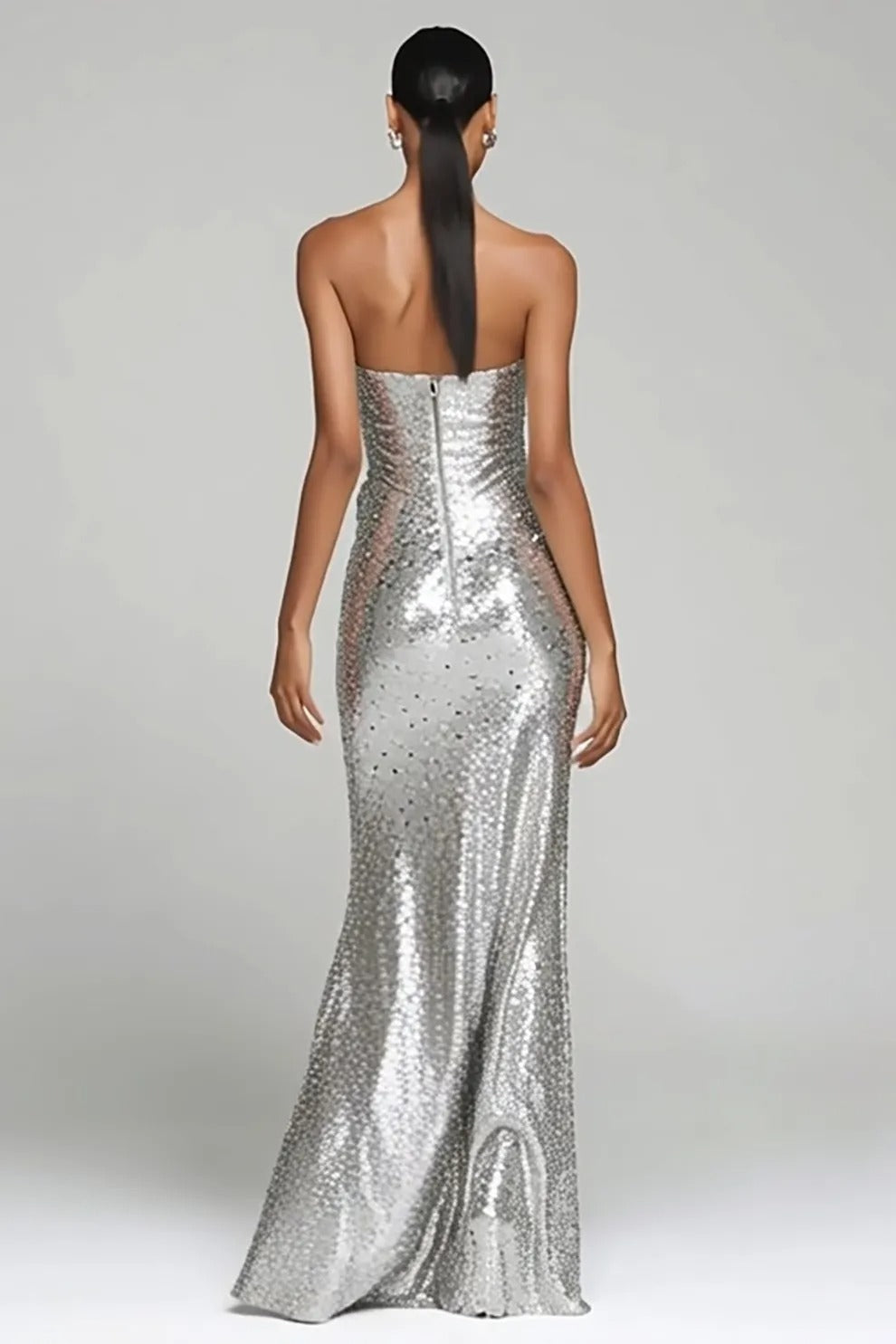 Sparkly Silver Strapless Sheath Holiday Party Dress With Slit