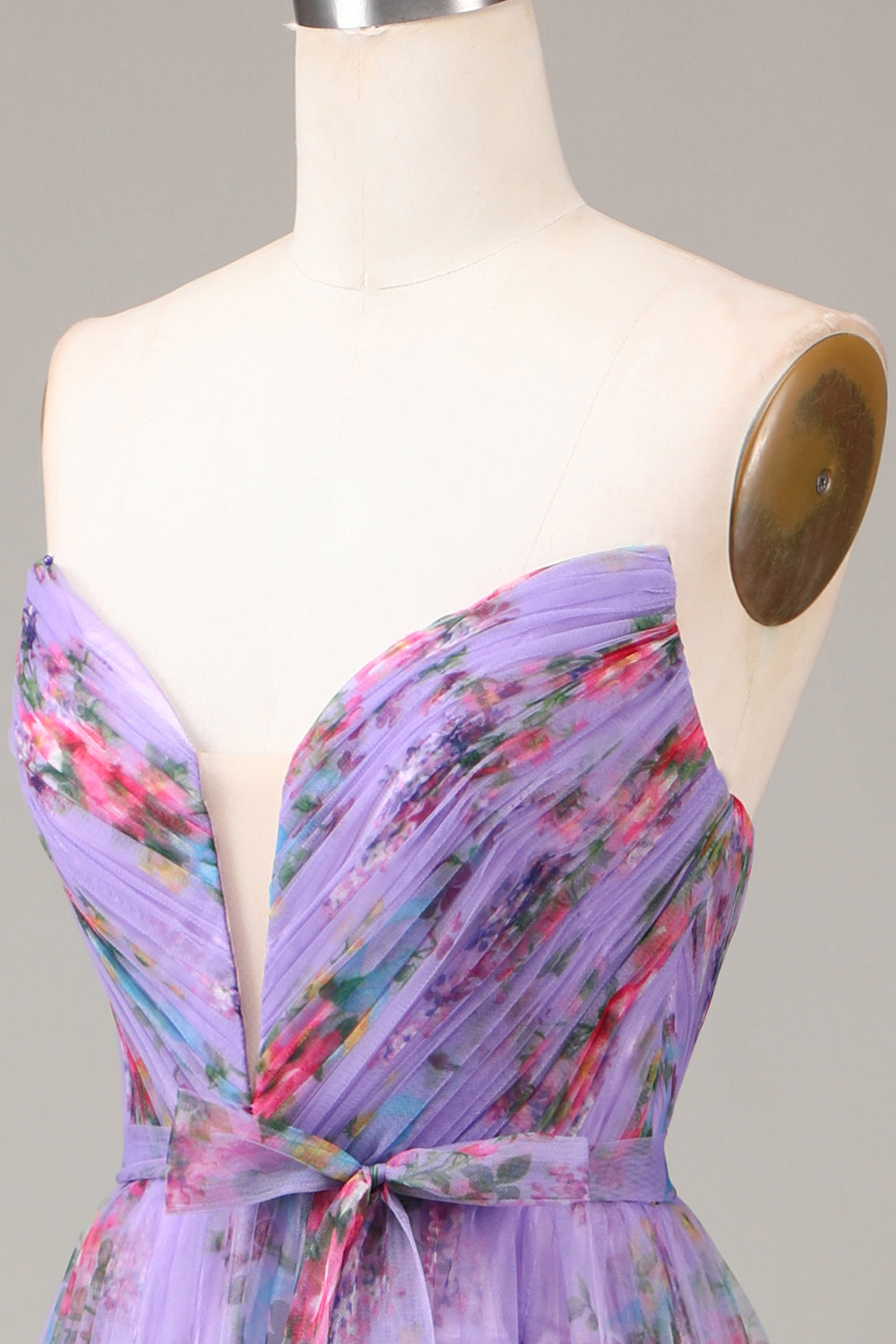 Purple Sweetheart Floral Chiffon A-Line Prom Dress with Ruffles