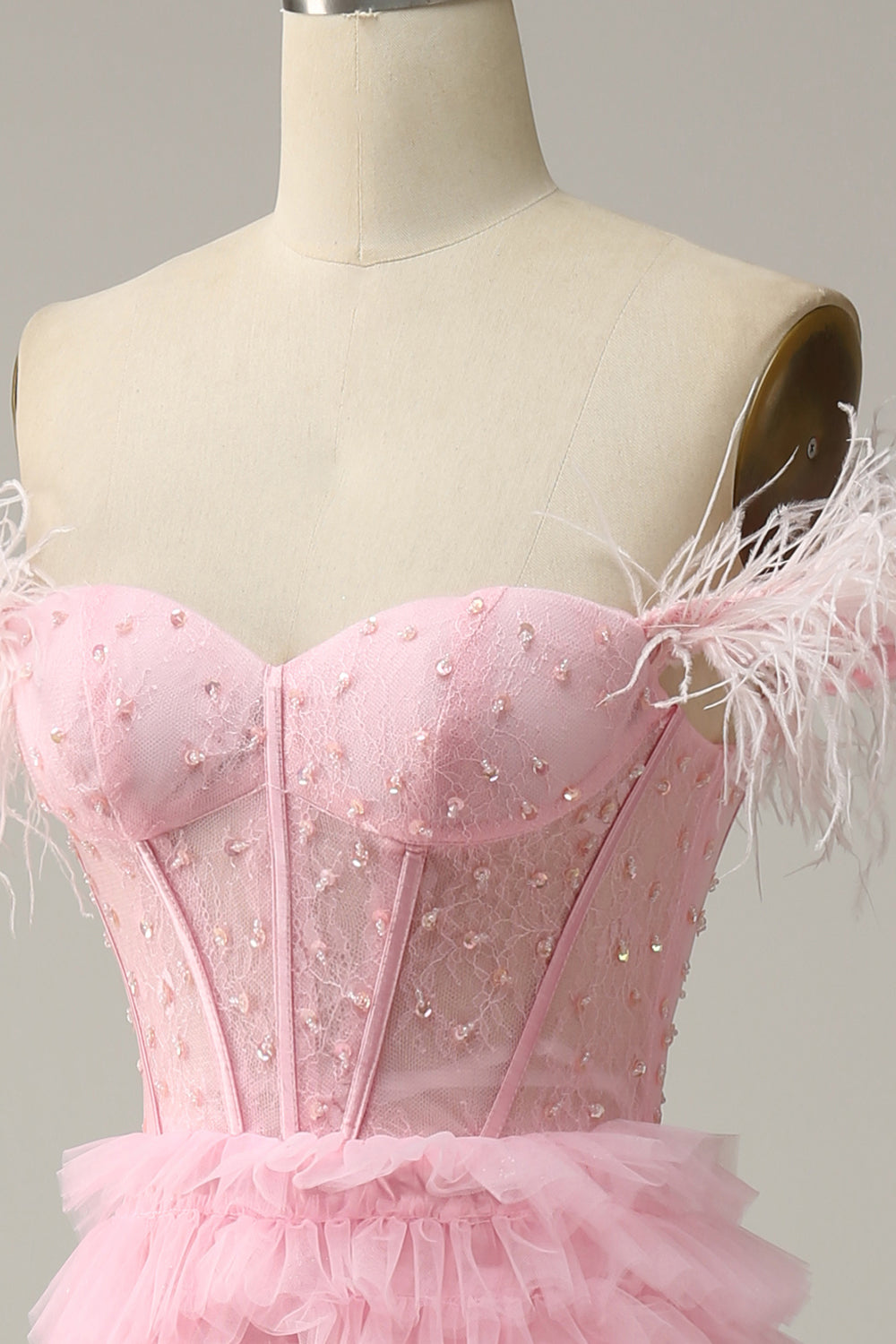 A Line Off the Shoulder Pink Corset Prom Dress with Ruffled Feathers
