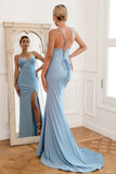 Light Blue Mermaid Long Prom Dress with Beading