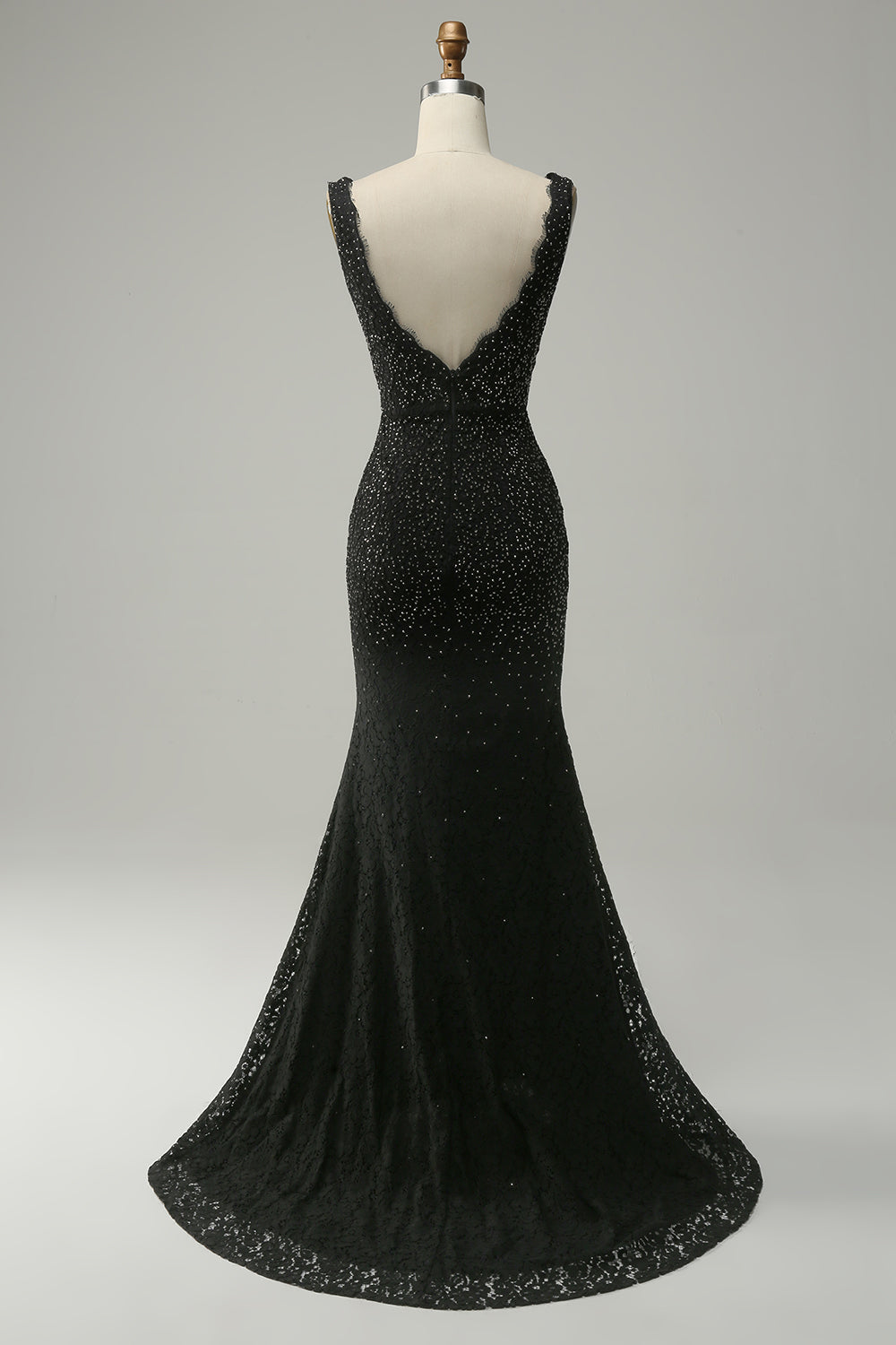 Mermaid Deep V Neck Black Lace Long Prom Dress with Beading