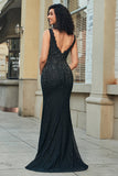 Sparkly Mermaid Deep V Neck Black Lace Long Prom Dress with Beading