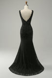 Mermaid Deep V Neck Black Lace Long Prom Dress with Beading