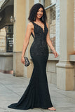 Sparkly Mermaid Deep V Neck Black Lace Long Prom Dress with Beading