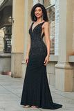 Sparkly Mermaid Deep V Neck Black Lace Long Prom Dress with Beading