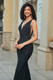 Sparkly Mermaid Deep V Neck Black Lace Long Prom Dress with Beading