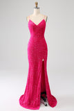 Sparkly Fuchsia Mermaid Spaghetti Straps V-Neck Sequin Long Prom Dress With Split