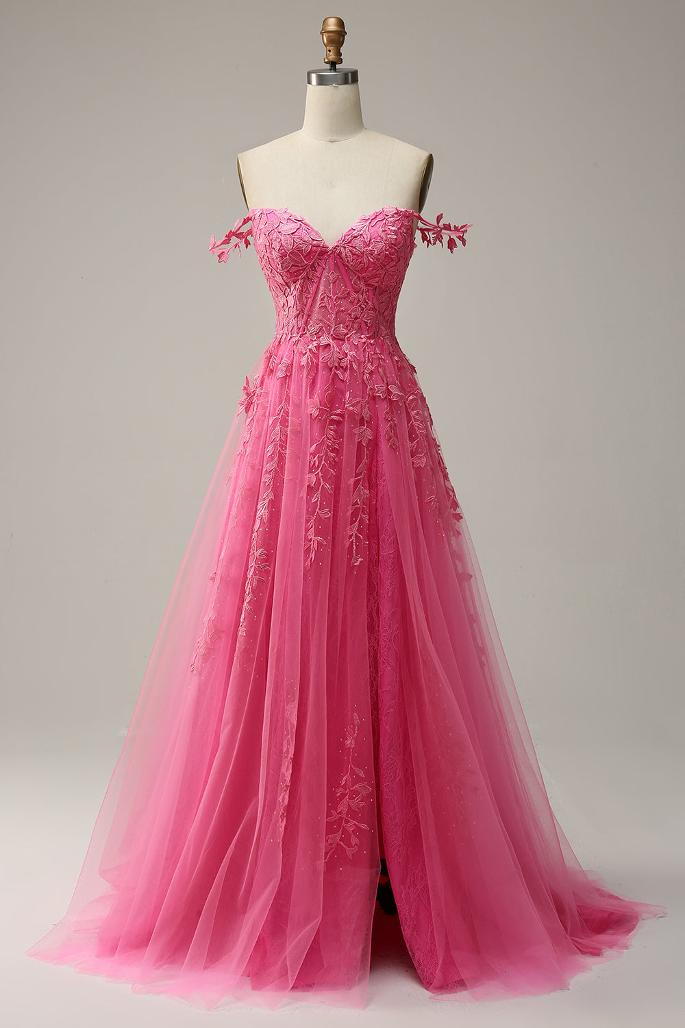 ZAPAKA Women Hot Pink A Line Long Prom Dress Off the Shoulder Tulle Formal Dress with Appliques