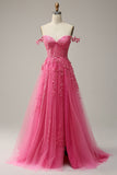 A Line Off the Shoulder Hot Pink Long Prom Dress with Appliques