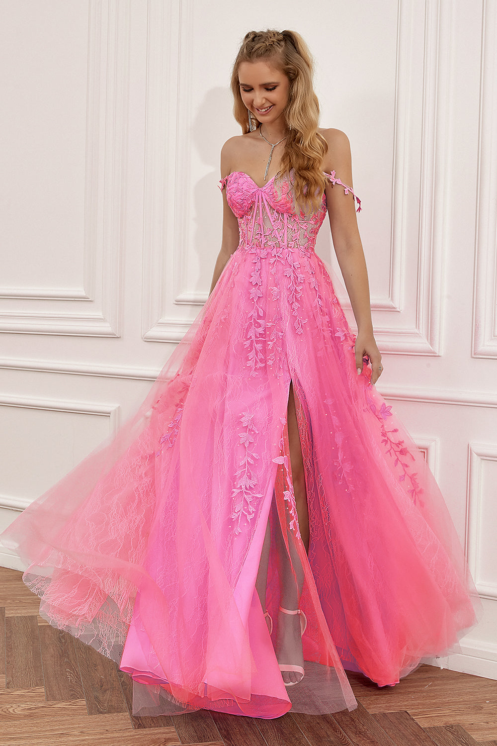 Hot Pink Off the Shoulder Long Prom Dress with Appliques