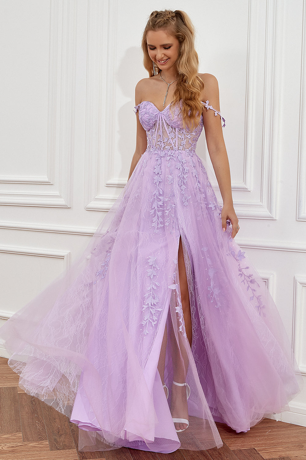 Purple Off the Shoulder Long Prom Dress with Appliques