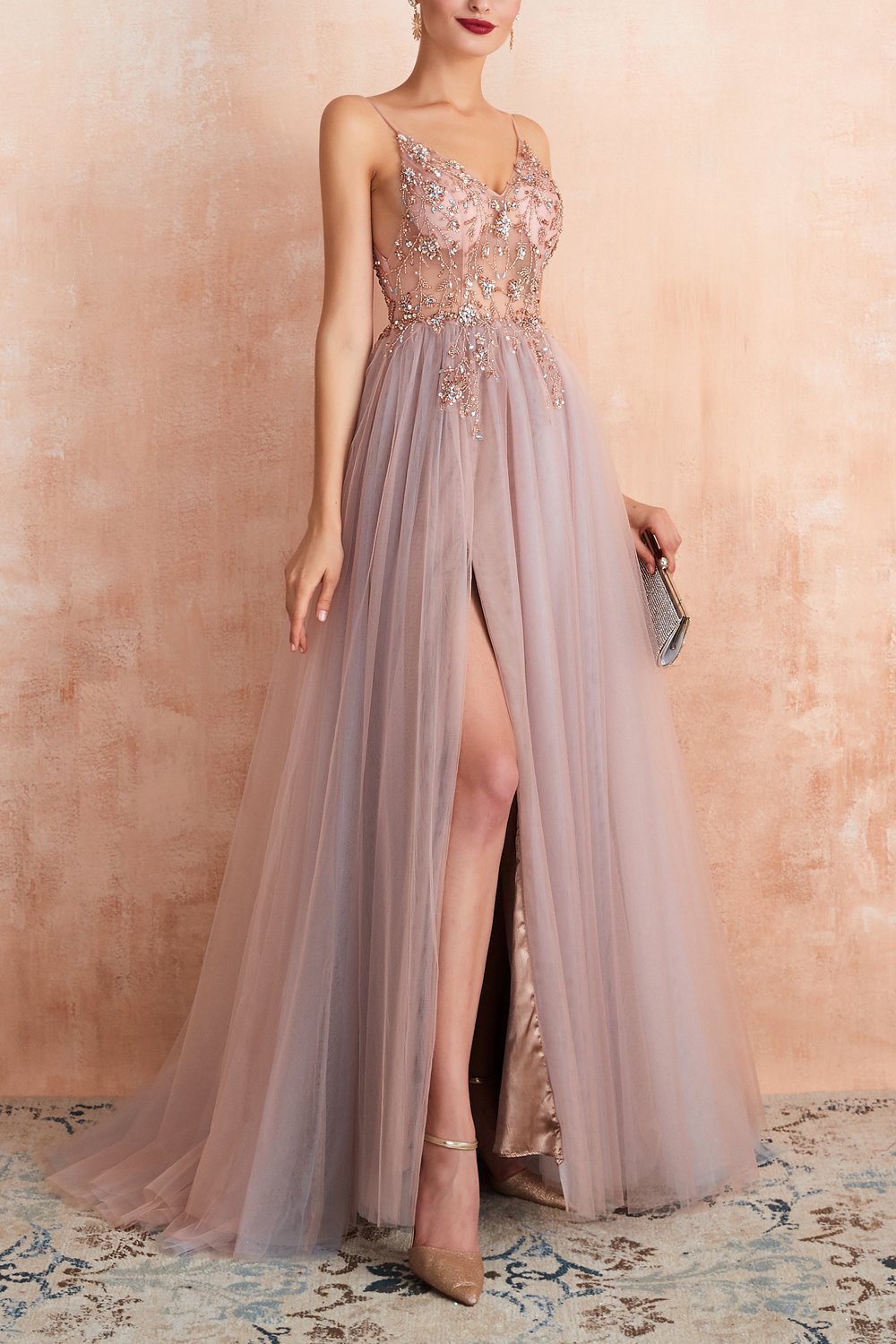 V-neck Grey Pink Tulle Dress