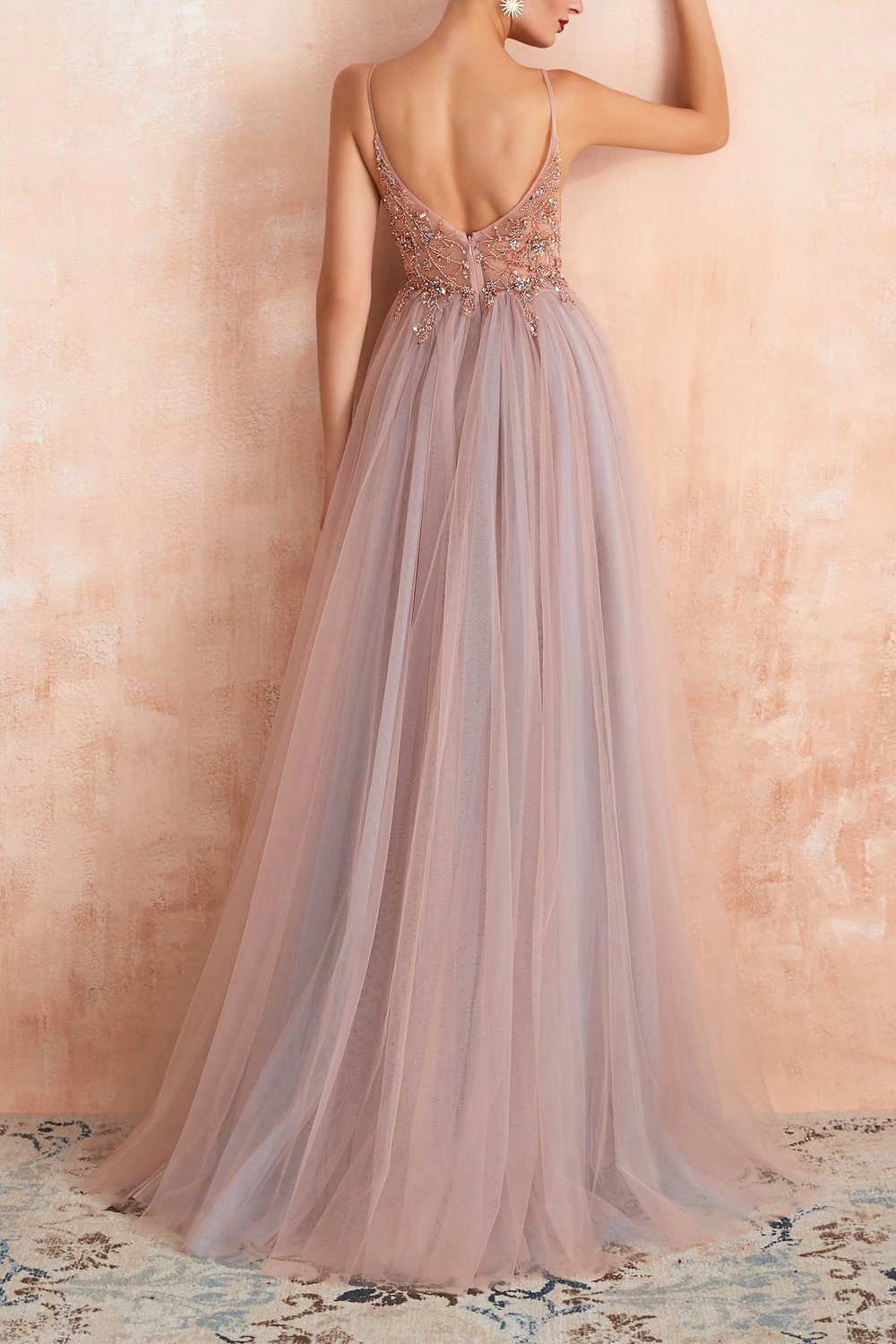 V-neck Grey Pink Tulle Dress