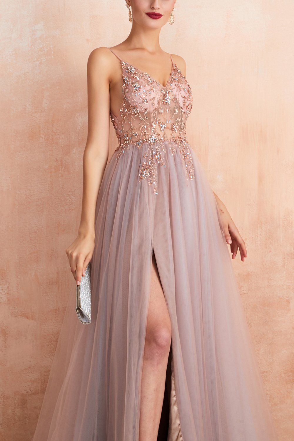 V-neck Grey Pink Tulle Dress