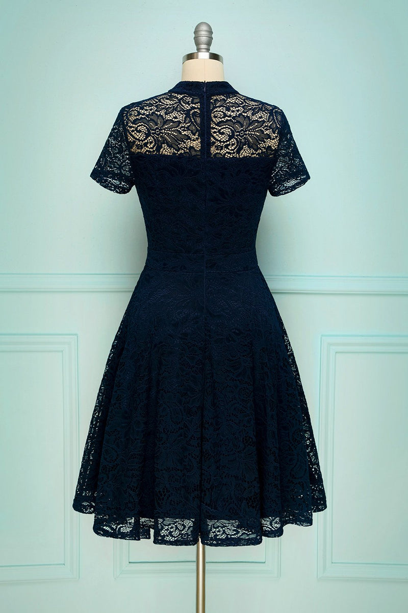 Zapaka Women Vintage 1950s Navy Blue Lace High Neck Formal Party