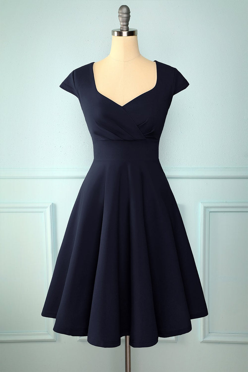 Zapaka Women Simple Navy V Neck A line Prom Homecoming Crepe Dress