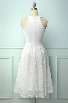 White Halter Lace Midi Dress