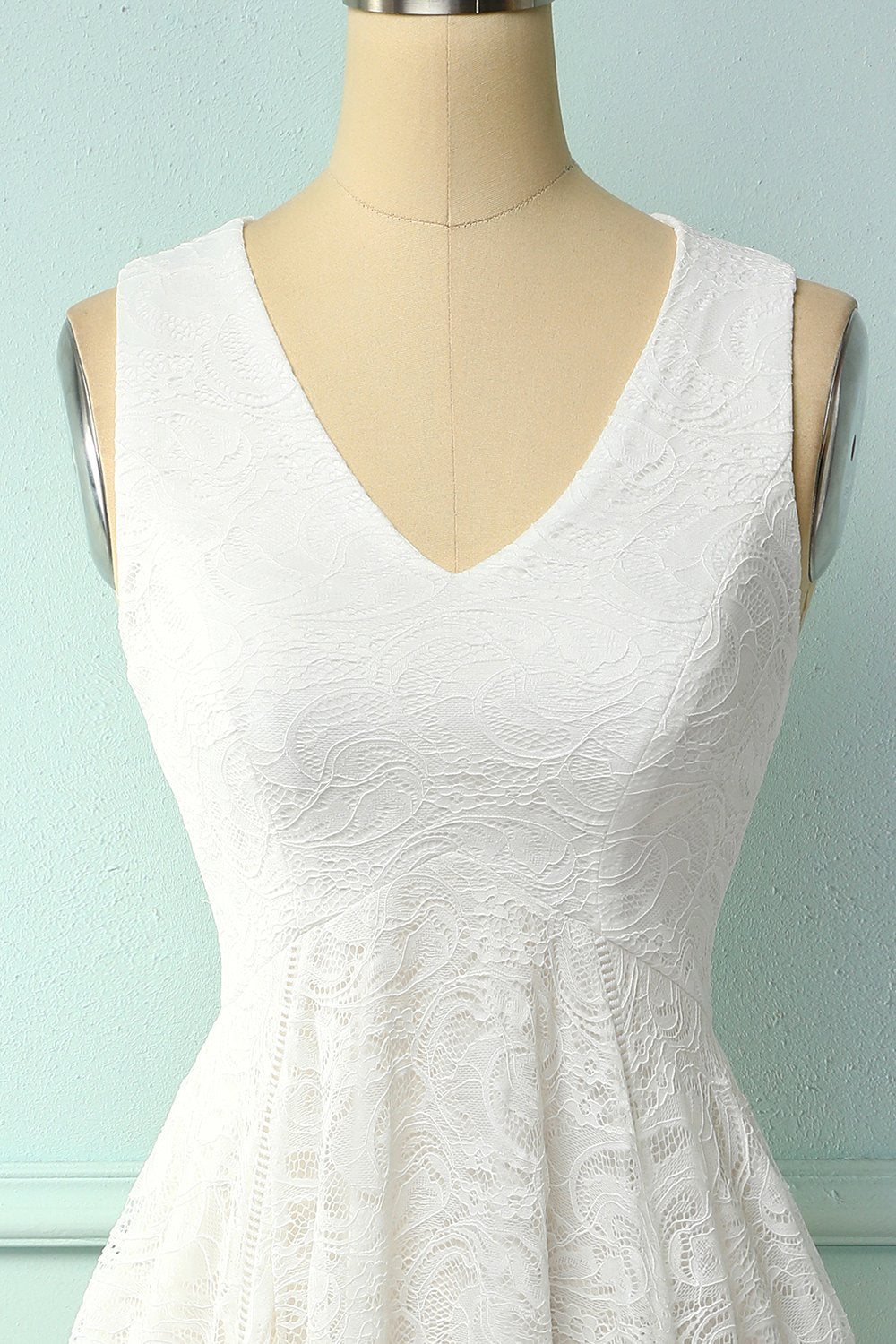 Asymmetrical White V-neck Lace Dress