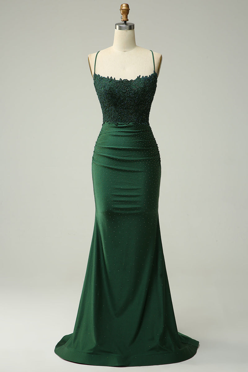 Zapaka Women Dark Green Long Prom Dress Mermaid Halter Formal Dress with  Appliques Beading – Zapaka CA