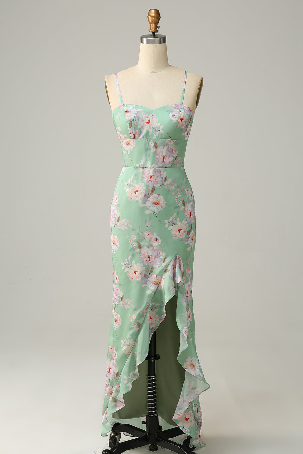 Sheath Spaghetti Straps Light Green Floral Printed Bridesmaid Dress with Split Front