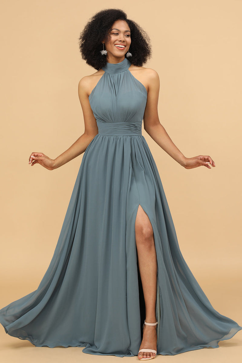 Zapaka Women Bridesmaid Dress Grey Halter Ruched Long Chiffon