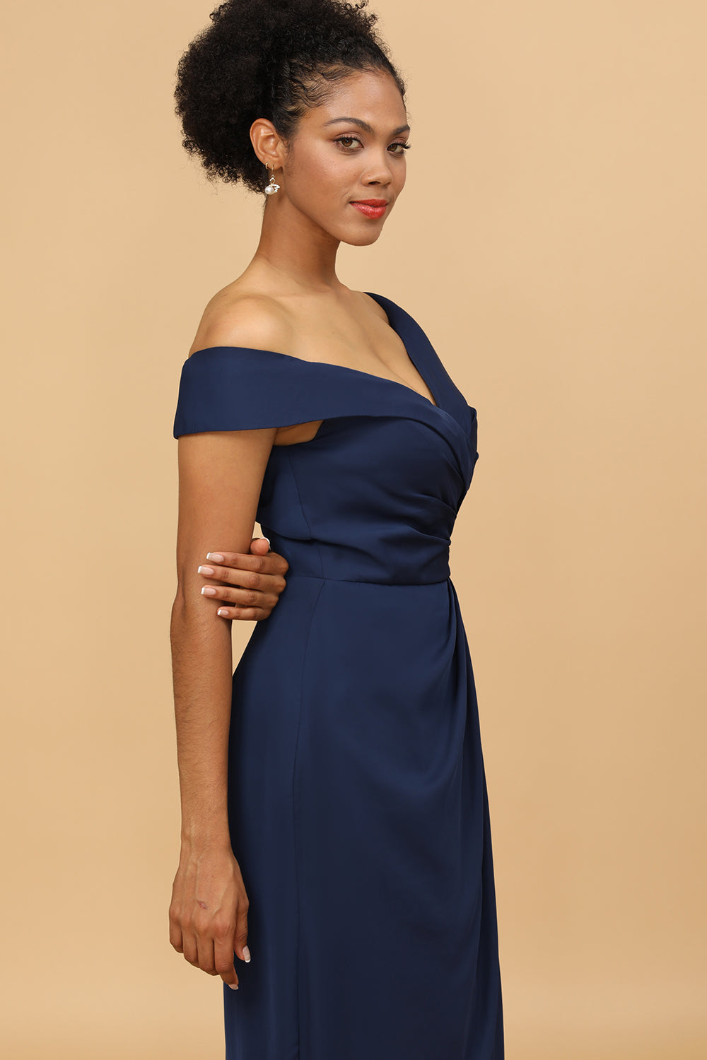 Navy Off The Shoulder Satin Sheath Bridesmaid Dress