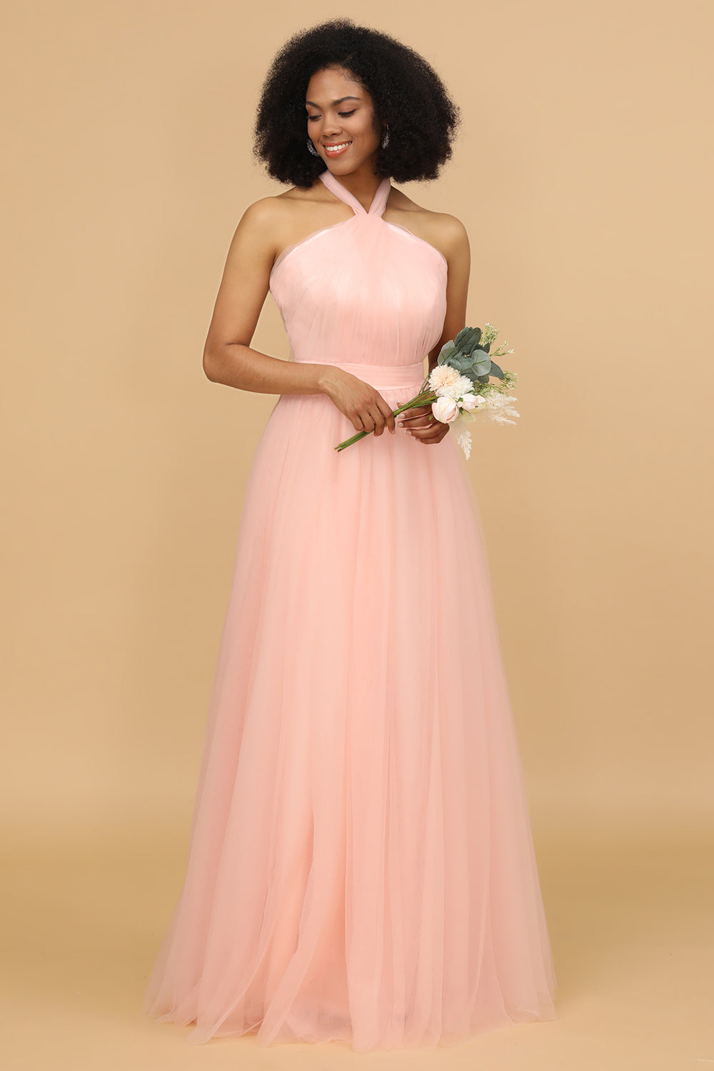 A Line Halter Blush Tulle Long Bridesmaid Dress