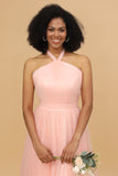 A Line Halter Blush Tulle Long Bridesmaid Dress