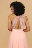 A Line Halter Blush Tulle Long Bridesmaid Dress