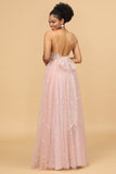 A Line Spaghetti Straps Tulle Blush Long Bridesmaid Dress