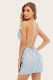 Light Blue Short Graduation Dress with Lace Beading