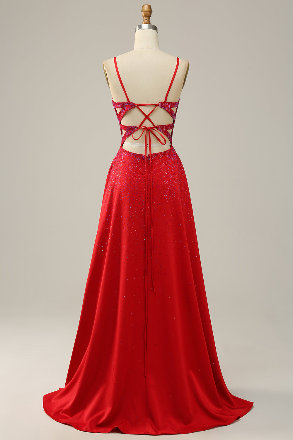 A Line Red Spaghetti Straps Beaded Long Prom Dress