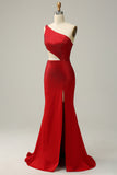 Mermaid One Shoulder Red Cut Out Prom Dress with Beading