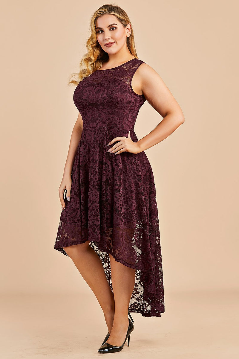 Load image into Gallery viewer, Burgundy Plus Size Asymmetrical Lace Party Dress