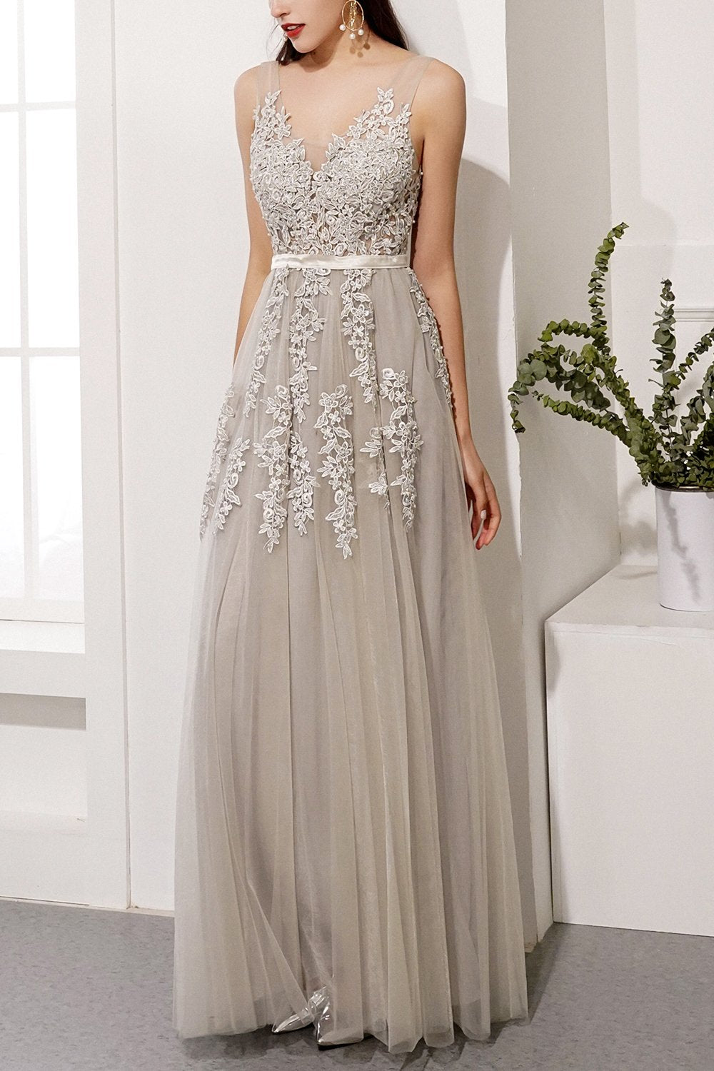 Grey Blue Appliques Prom Dress